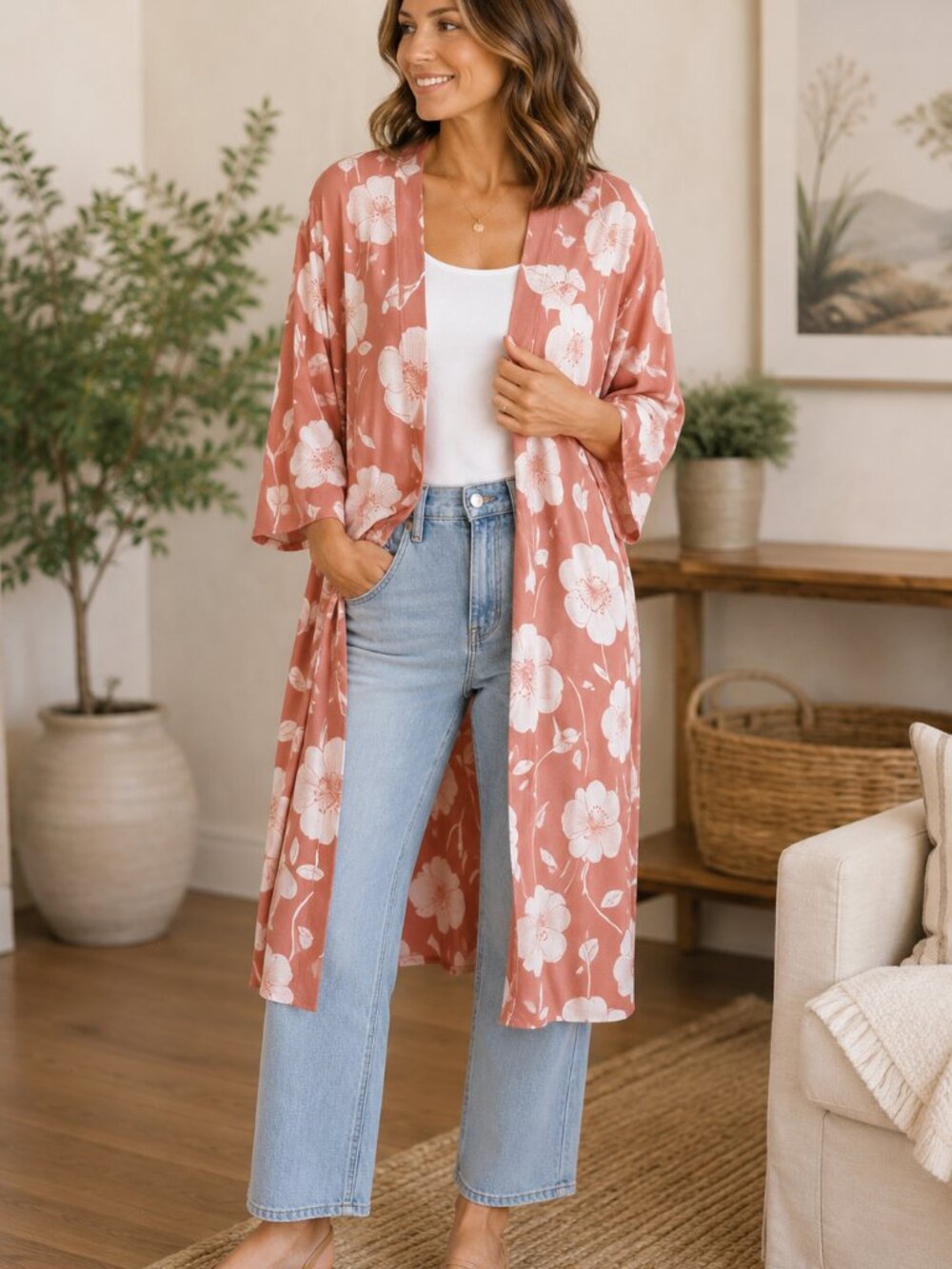 Mimi‎ Chica Terracotta Floral Kimono Duster Long Open Front Boho XS 1145